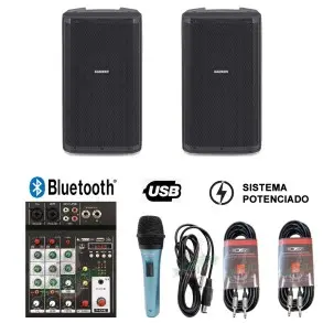 Combo Bafles Potenciados Mixer Dj Usb Bluetooth + Accesorios