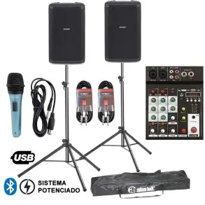 Combo Bafles Potenciados + Mixer Usb Bluetooth + Accesorios