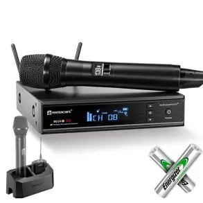 Sistema Inalambrico Microfono de Mano con Base y Pilas Recargables