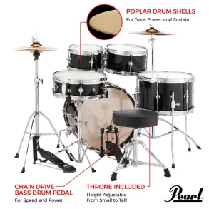 Bateria Pearl para Niño Roadshow Junior 5 Cuerpos Fierros + Platillos Grindstone Sparkle