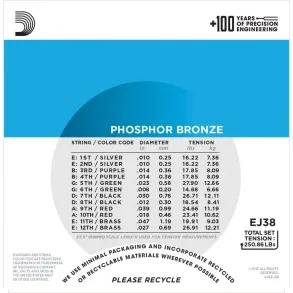 Encordado Daddario Ej38 Bronce F 010 047 Acustica 12 Cuerdas