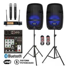 Combo Bafles Mixer Usb Bluetooth Microfono Inalambrico Pack