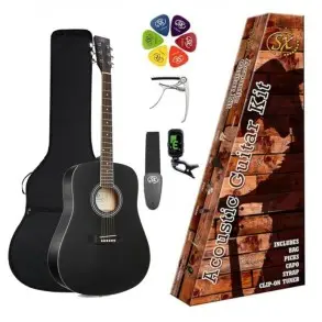 Pack Guitarra Acustica 3/4 Dreathnoght | Funda-Afinador-Capo-Puas-Correa | Black