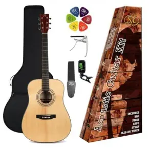 Pack Guitarra Acustica Dreadnought | Funda-Afinador-correa-Capo-Puas| Color Natural Mate