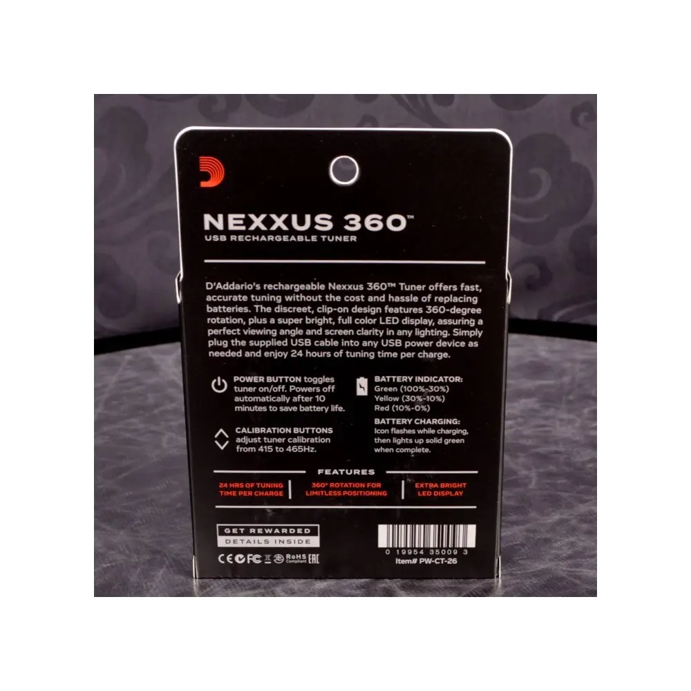 Afinador Cromatico Recargable DADDARIO NEXXUS 360 Redondo con cable USB