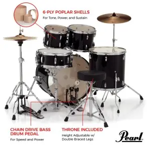 Bateria Pearl Roadshow 5 Cuerpos Bombo 22 Fierros + Platillos Jet Black