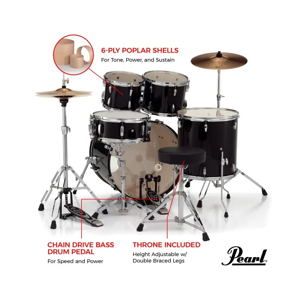 Bateria Pearl Roadshow 5 Cuerpos Bombo 22 Fierros + Platillos Garnet Fade