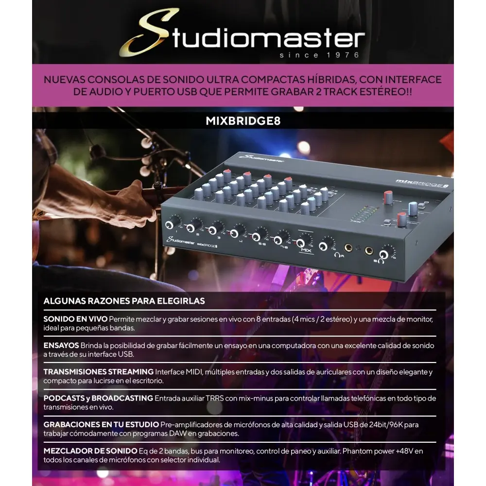 Mixer 8 Canales Studiomaster MIXBRIDGE8 con USB