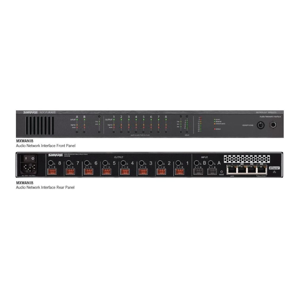 Interface de Audio Dante 8 Canales con Switch Shure MXWANI8-AR