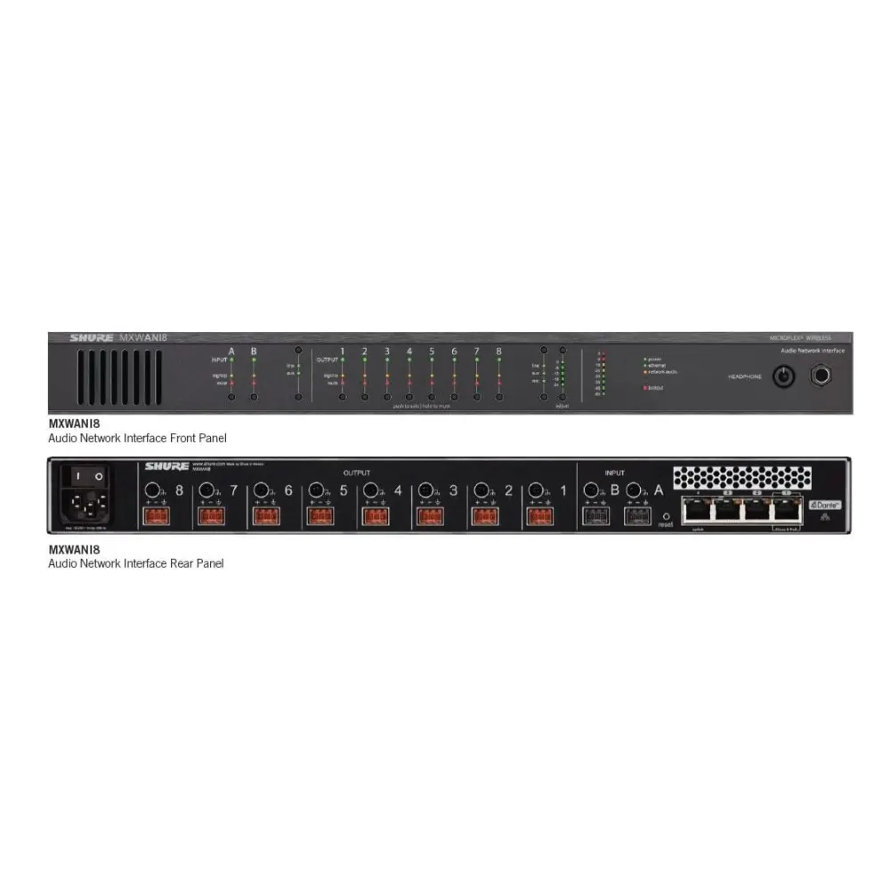 Interface de Audio Dante 8 Canales con Switch Shure MXWANI8-AR