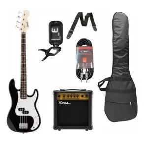 Pack Bajo Eléctrico Leonard Precision 4 Cuerdas Negro + Amplificador Ross + Accesorios
