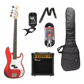 Pack Bajo Eléctrico Leonard Precision 4 Cuerdas Rojo Metalizado + Amplificador Ross + Accesorios