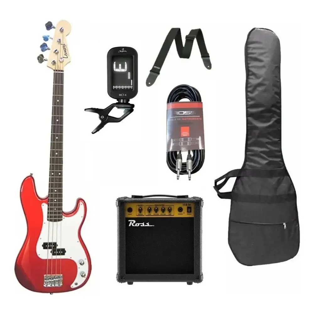 Pack Bajo Eléctrico Leonard Precision 4 Cuerdas Rojo Metalizado + Amplificador Ross + Accesorios