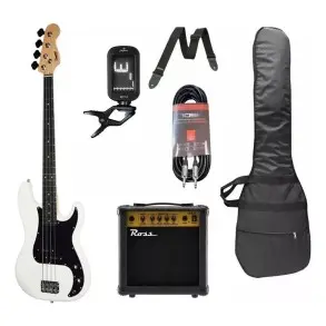 Pack Bajo Eléctrico Leonard Precision 4 Cuerdas Blanco + Amplificador Ross + Accesorios