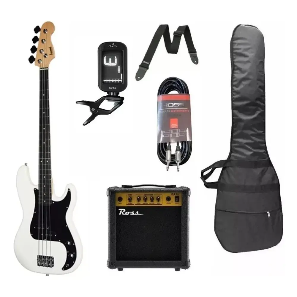 Pack Bajo Eléctrico Leonard Precision 4 Cuerdas Blanco + Amplificador Ross + Accesorios