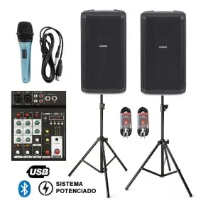 Combo Bafles Potenciados + Mixer Usb Bluetooth + Accesorios