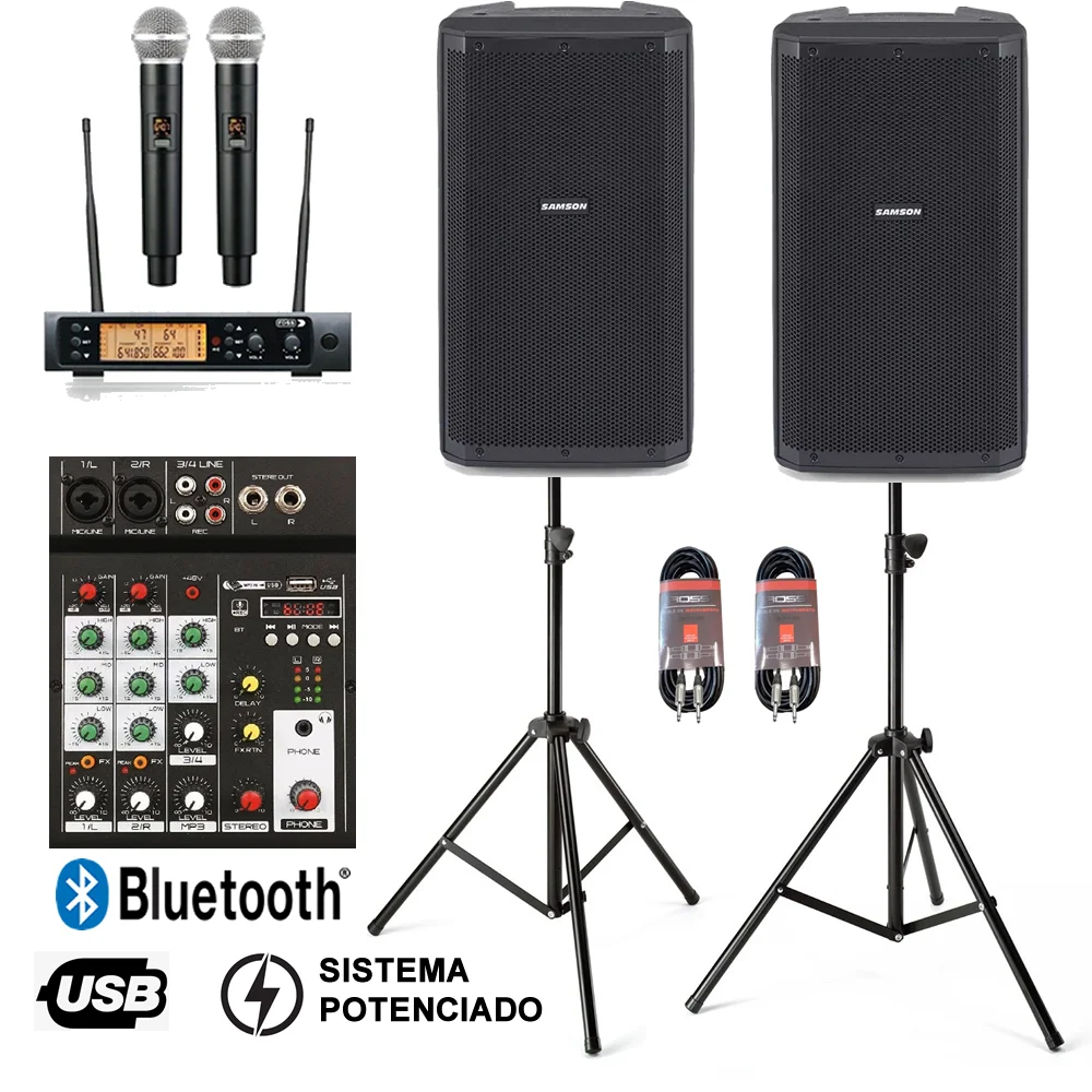 Combo Bafles Mixer Usb Bluetooth Microfono Inalambrico Pack