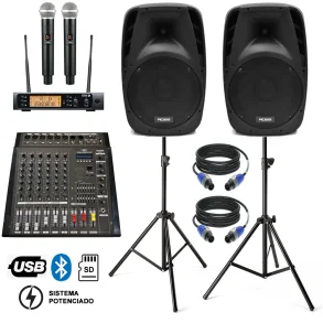 Pack Mixer 6 Canales + Bafles 12" + Microfono Inalambrico Doble + Soportes Parlantes