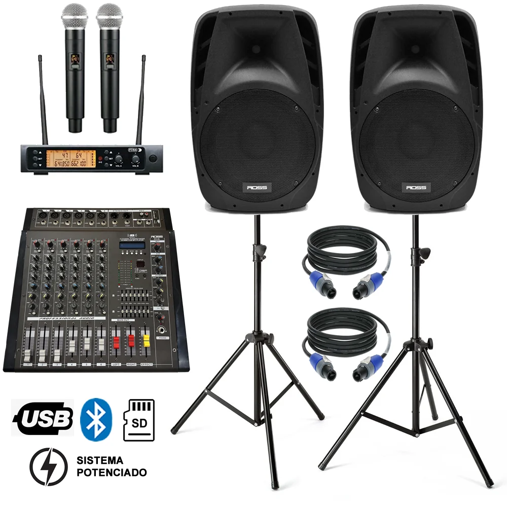 Pack Mixer 6 Canales + Bafles 12" + Microfono Inalambrico Doble + Soportes Parlantes