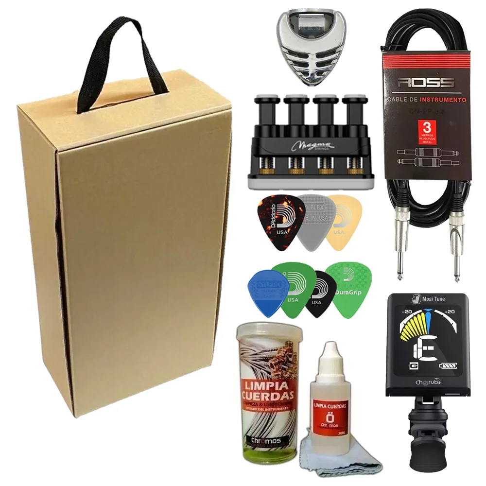 Box Guitar 1 Afinador Recargable + Limpiador + Ejercitador + Porta Puas + Cable + Puas