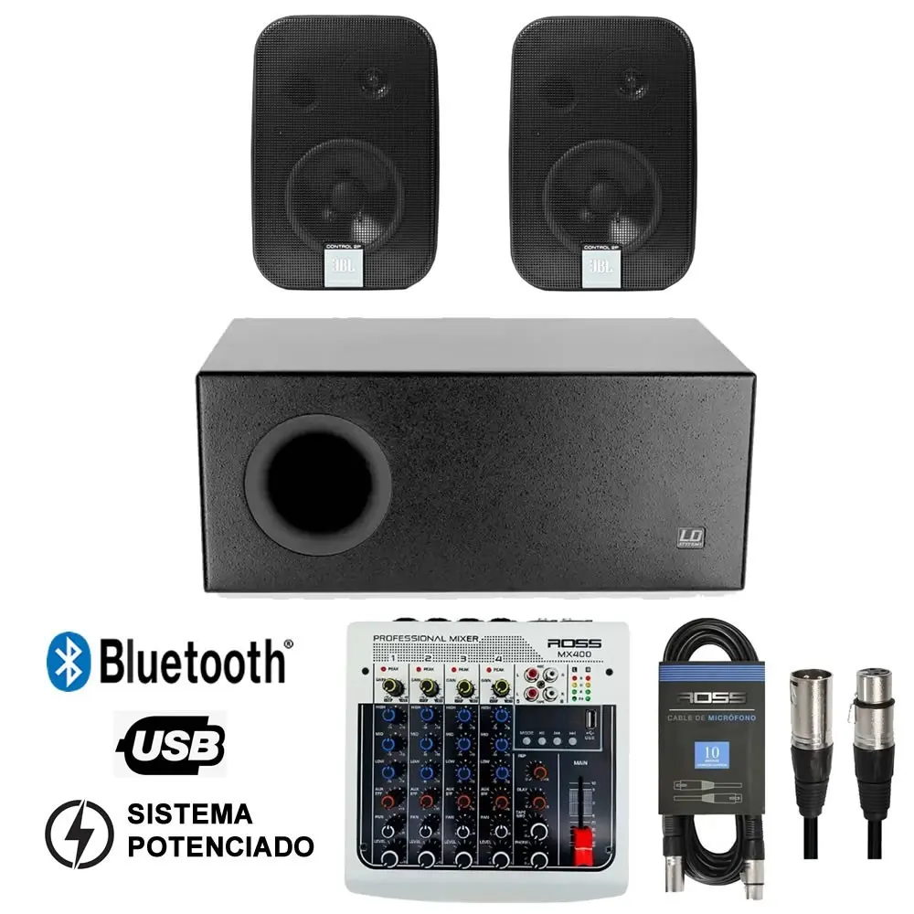 Pack Sonido Bafles Activos JBl 5" y Subwoofer Doble 8" con Mixer Bluetooth