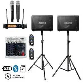 Pack Mixer 4 Canales + Bafles 8" + Microfonos Inalambrico + Soportes