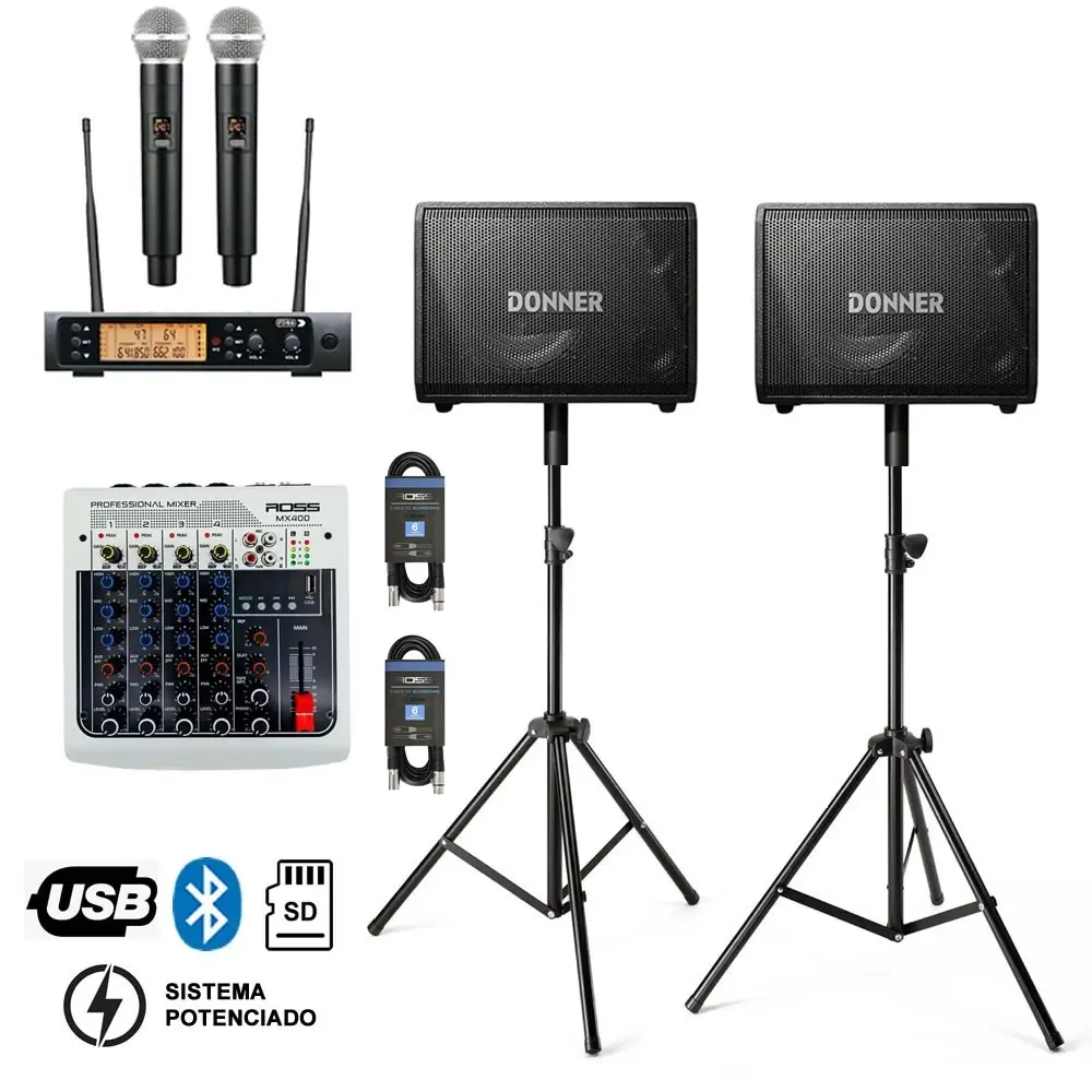 Pack Mixer 4 Canales + Bafles 8" + Microfonos Inalambrico + Soportes