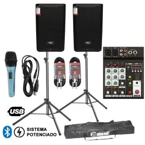 Pack Sonido Bafles 10" MIxer Microfono Soportes con funda